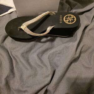 GUESS Women's Black and Gold Sandals Wadge